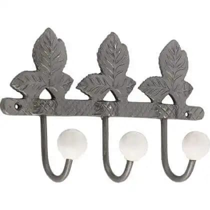 White Ceramic Tipped Leaf Design Grey Triple Robe Hook - Wall/Door Mountable - Decohooks
