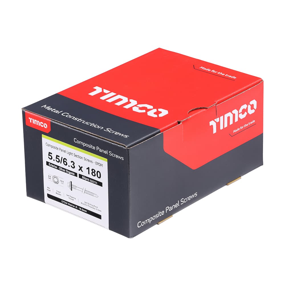 Timco Metal Construction Composite Panel Screws - Hex - Epdm Washer - Self-Drilling - Exterior - Silver Organic Box 50 LH180W16B