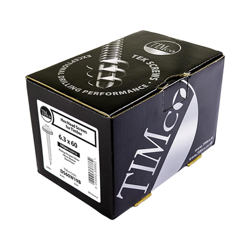Timco DS45W16B Metal Construction Thin Sheet Metal To Timber Screws - Hex - Epdm Washer - Slash Point - Exterior - Silver Organic 6.3 X 45 Box 100