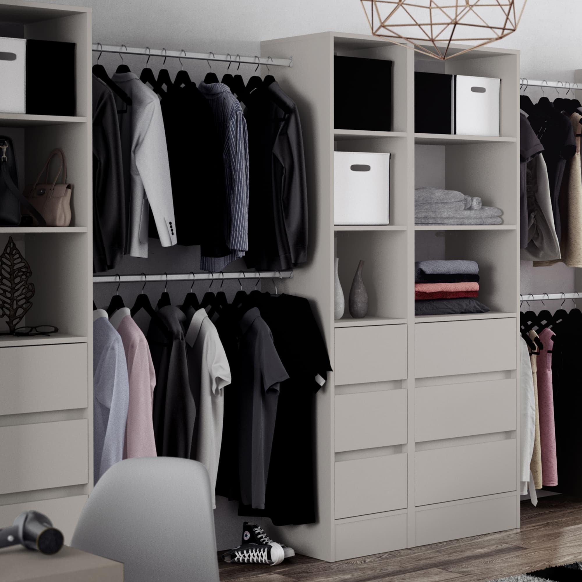 Spacepro Light Grey MFC Tower Unit with 3 Drawers and Hanger Bar, Size: 2100x450x20mm