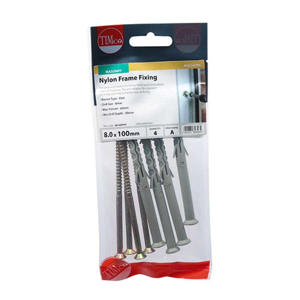 Timco 08100NFFP Nylon Frame Fixings - Pz - Yellow 8.0 X 100 TIMpac 4