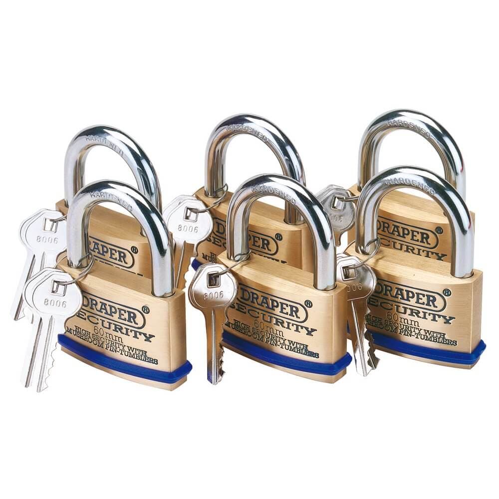 Draper 67663 Solid Brass Padlocks With Hardened Steel Shackle 60Mm (Pack Of 6) per pack