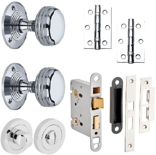 Ringed Mortice Door Knob Complete Bathroom Door Pack - Polished Chrome - 76mm - Knob/Lock/Hinges - Designer Levers