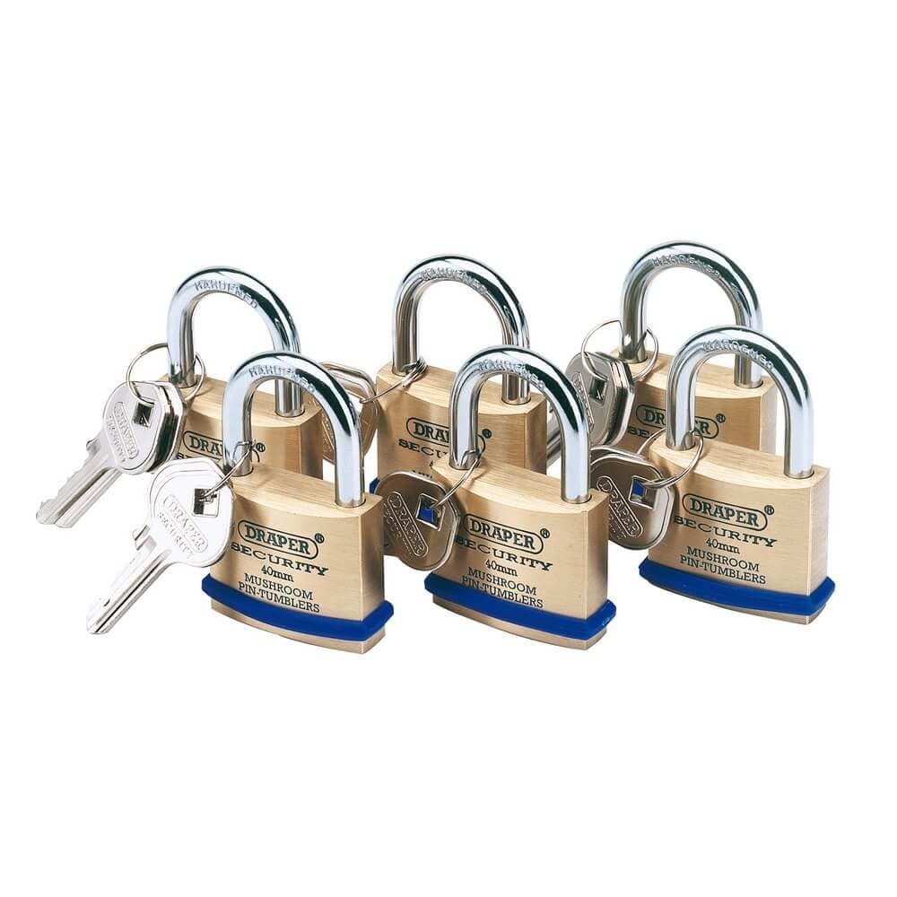 Draper 67659 Solid Brass Padlocks With Hardened Steel Shackle 40Mm (Pack Of 6) per pack