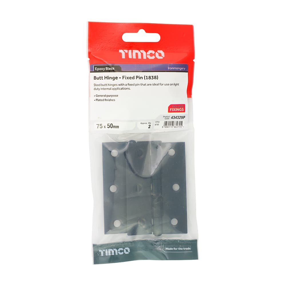 Timco Plain Butt Hinge - Fixed Pin (1838) - Black TIMpac 1 434329P