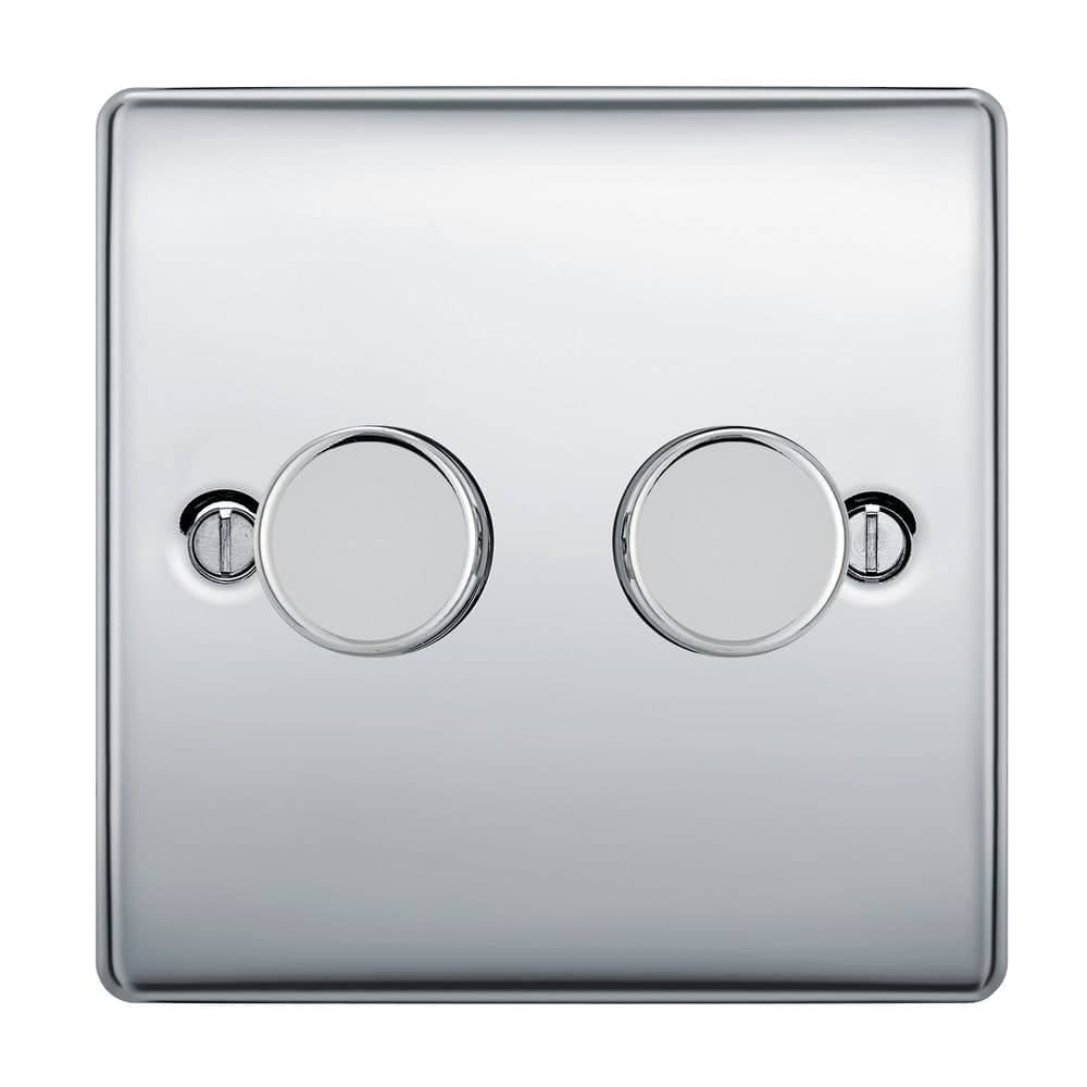 Double Dimmer Switch - 2 Gang/2 Way - 200W - Push On/Off - LED/CFL - Polished Chrome