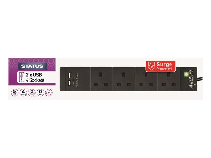 Status® S4W2MACUSB1PKB6 Extension Lead 240V 4-Gang + 2 Usb 13A 2M Black