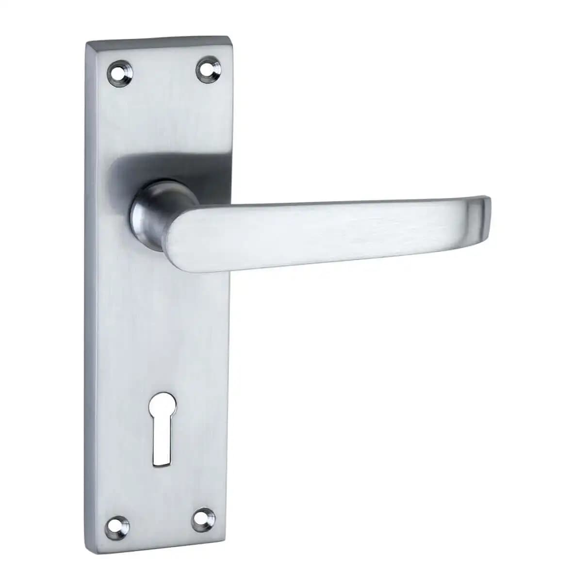 Satin Chrome Victorian Long Backplate Straight Lever Lock Door Handle - Pair - Designer Levers