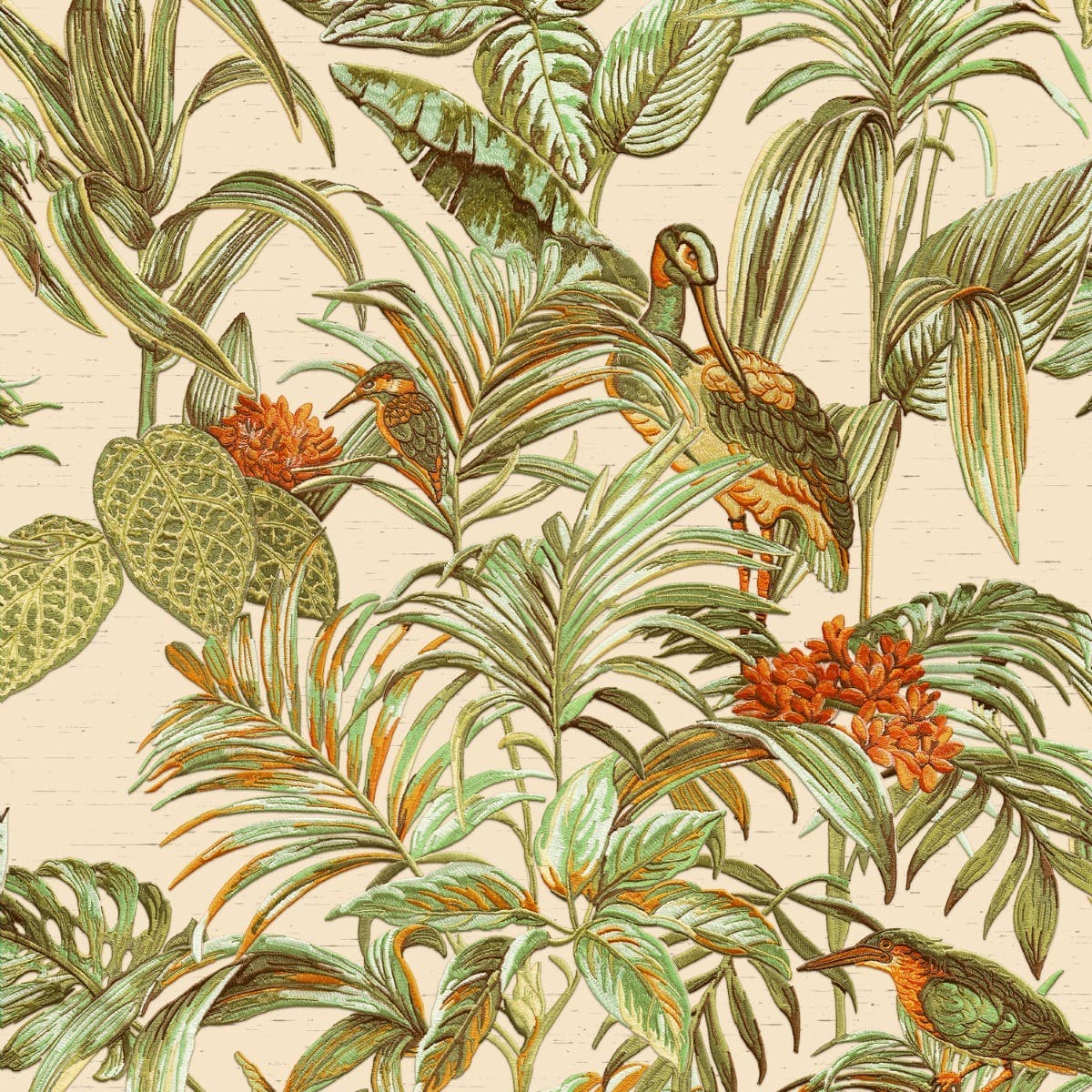 Design ID Bird of Paradise Green, Orange & Gold Wallpaper - 1005 x 53cm