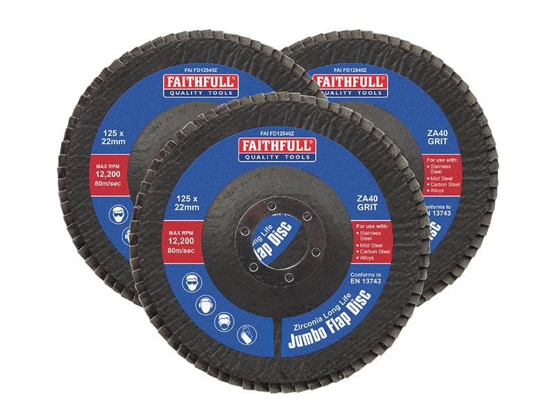 Faithfull Zirconia Abrasive Jumbo Flap Disc 125 X 22Mm 40 Grit (3 Pack)
