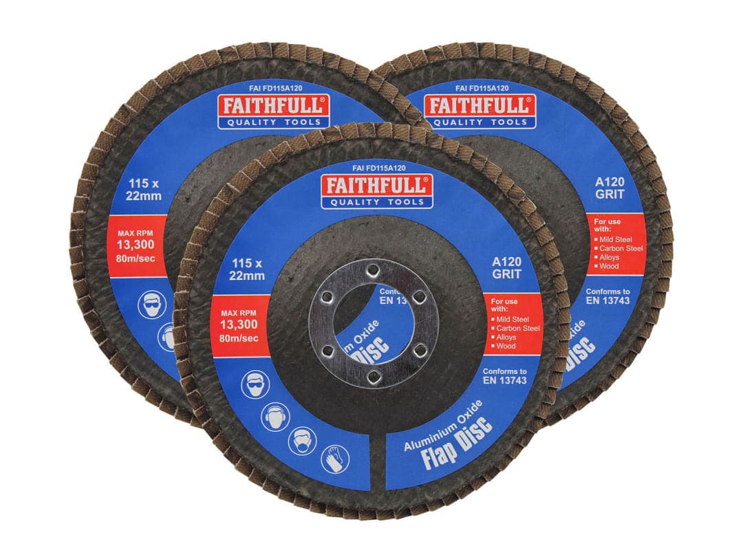 Faithfull Aluminium Oxide Flap Disc 115 x 22mm 120 Grit (3 Pack) FAIFD11512A3