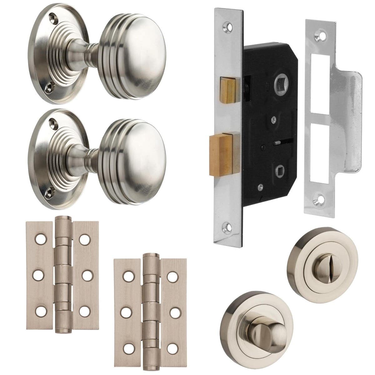 Ringed Mortice Door Knob Complete Bathroom Door Pack - Satin Nickel - 76mm - Knob/Lock/Hinges - Designer Levers