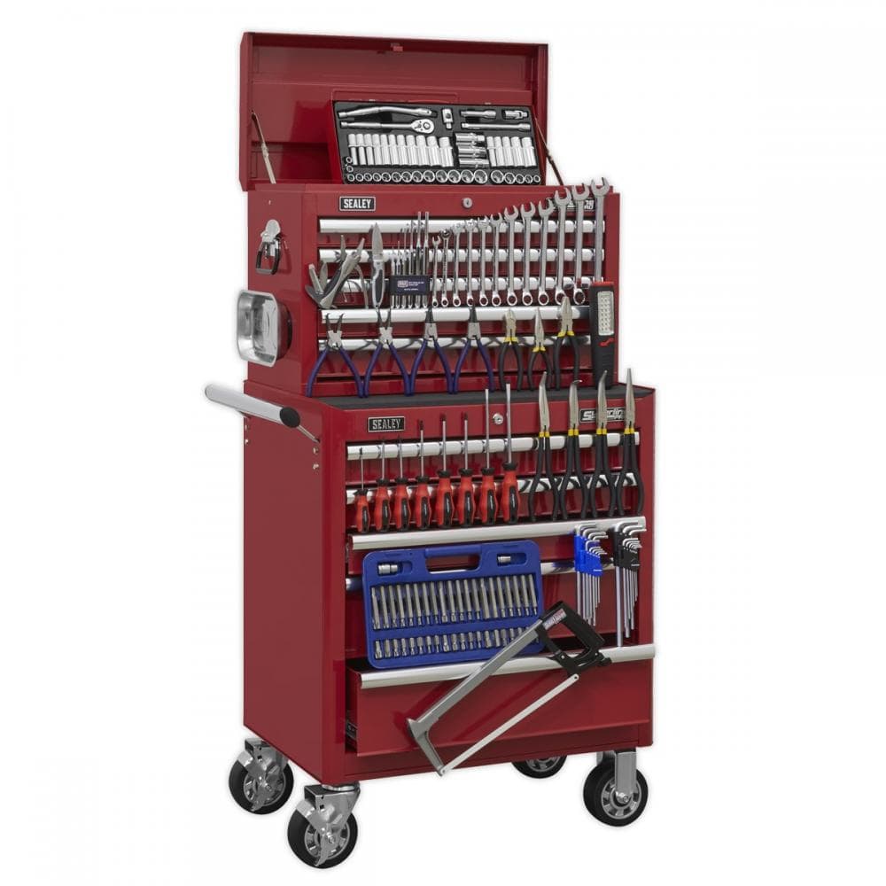 Sealey APCOMBOBBTK55 Topchest & Rollcab Combination 10 Drawer With Ball-Bearing Slides - Red & 148Pc Tool Kit