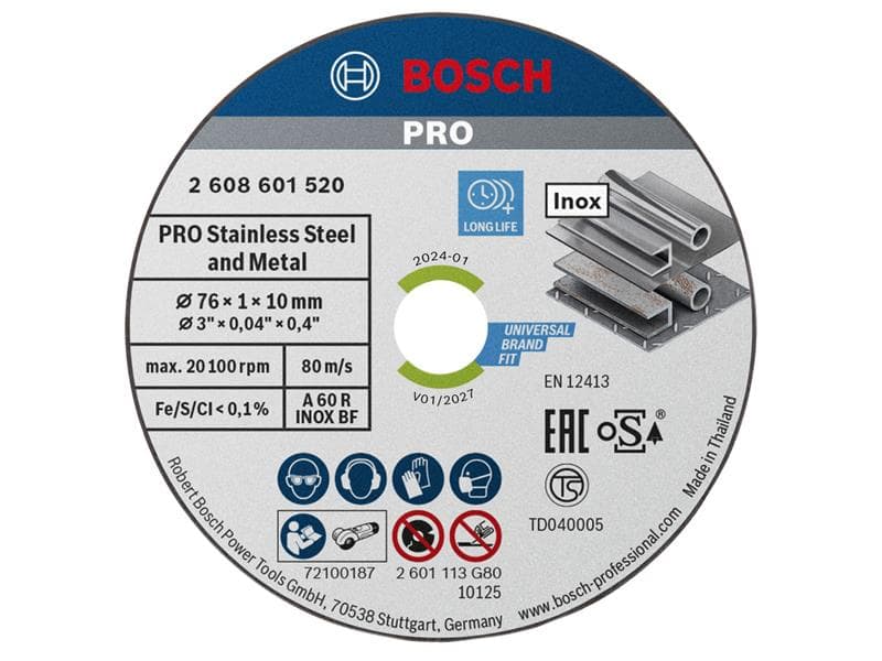 Bosch Powertool Accessories 2608601520 Pro Stainless Steel And Metal Bonded Cutting Disc 76 X 10Mm Pack Of 5