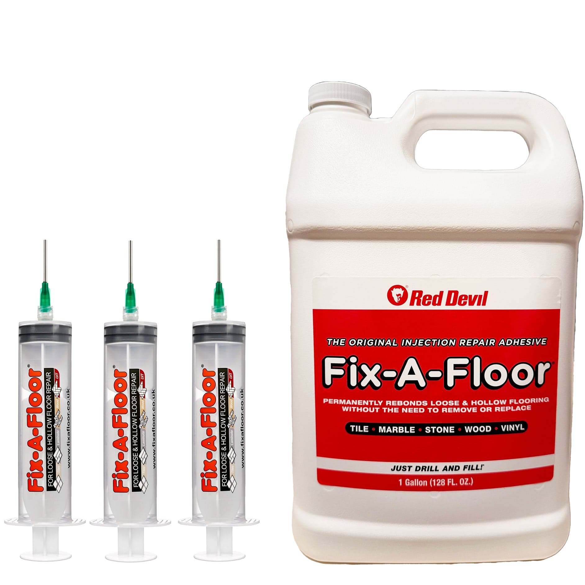 Fix-A-Floor 3.8 Litre Gallon Tub With 3 x 60ml Syringe applicator Kits - Extra Strength Bonding Adhesive for Loose and Hollow Tiles