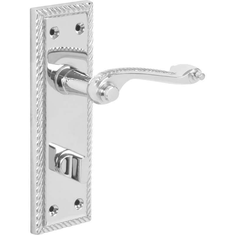 Georgian Scroll Lever Bathroom Door Handle on Longer Backplate - Polished Chrome - Thumb Turn Lock - Pair - Designer Levers