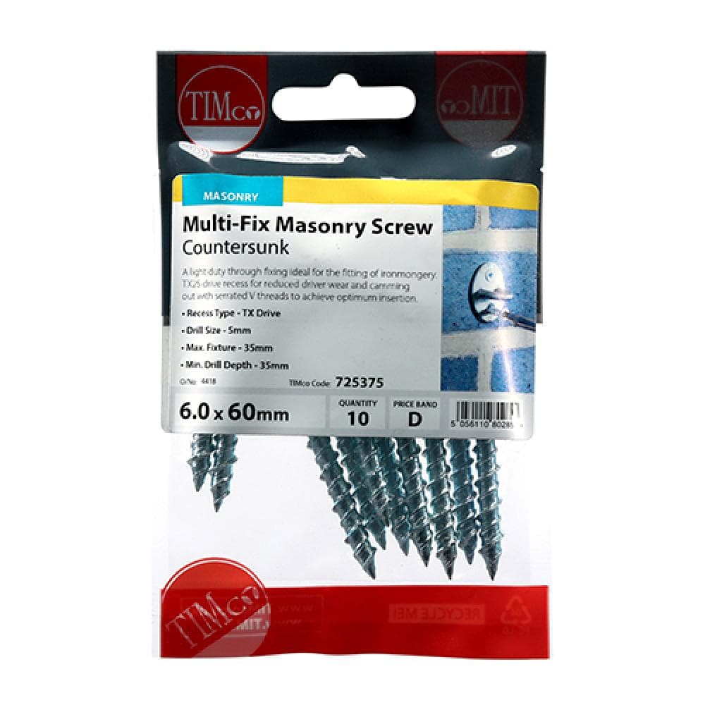 Timco 725375 Masonry Screws - Tx - Countersunk - Zinc 6.0 X 60 TIMpac 10