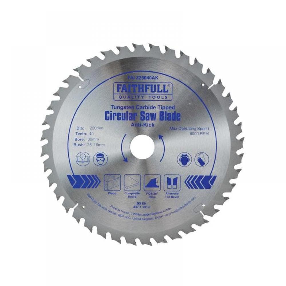 Faithfull FAIZ25040A/K Circular Saw Blade Anti Kick 250 X 30Mm X 40T