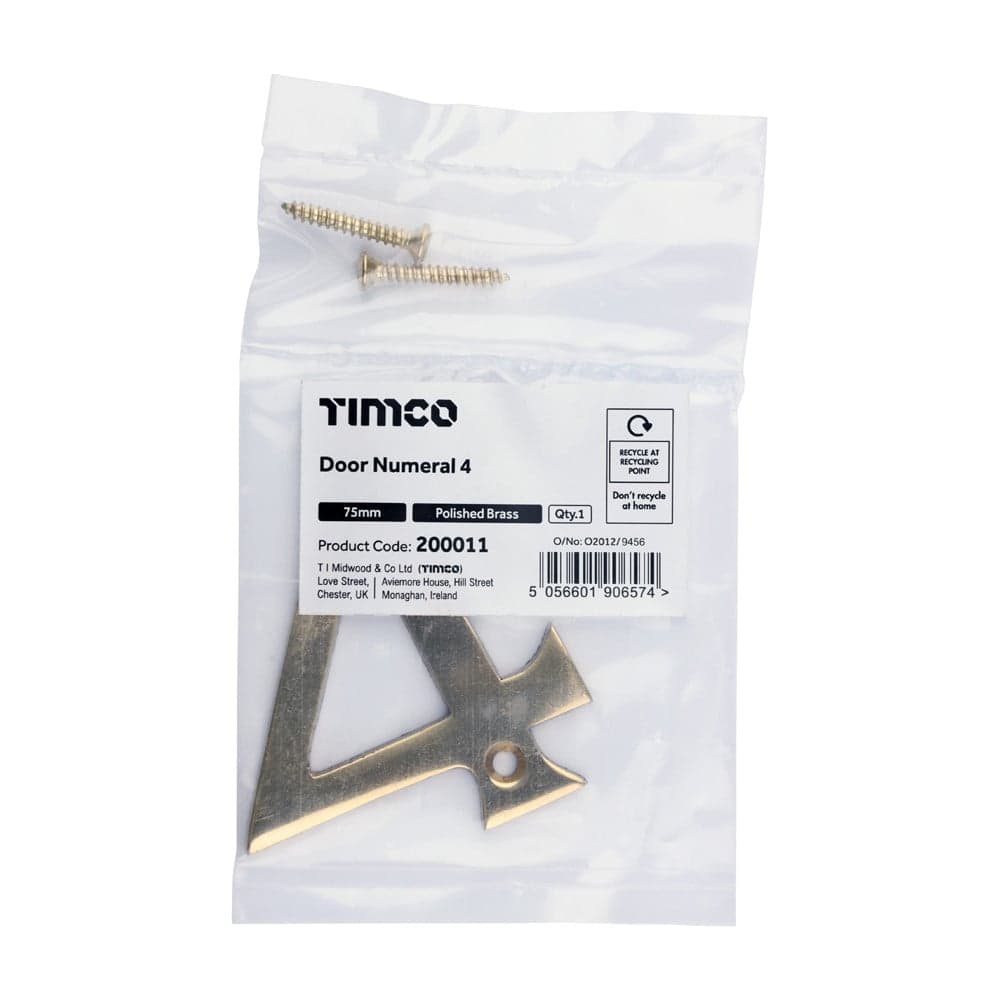 Timco Door Numeral 4 - Polished Brass Bag 1 200011