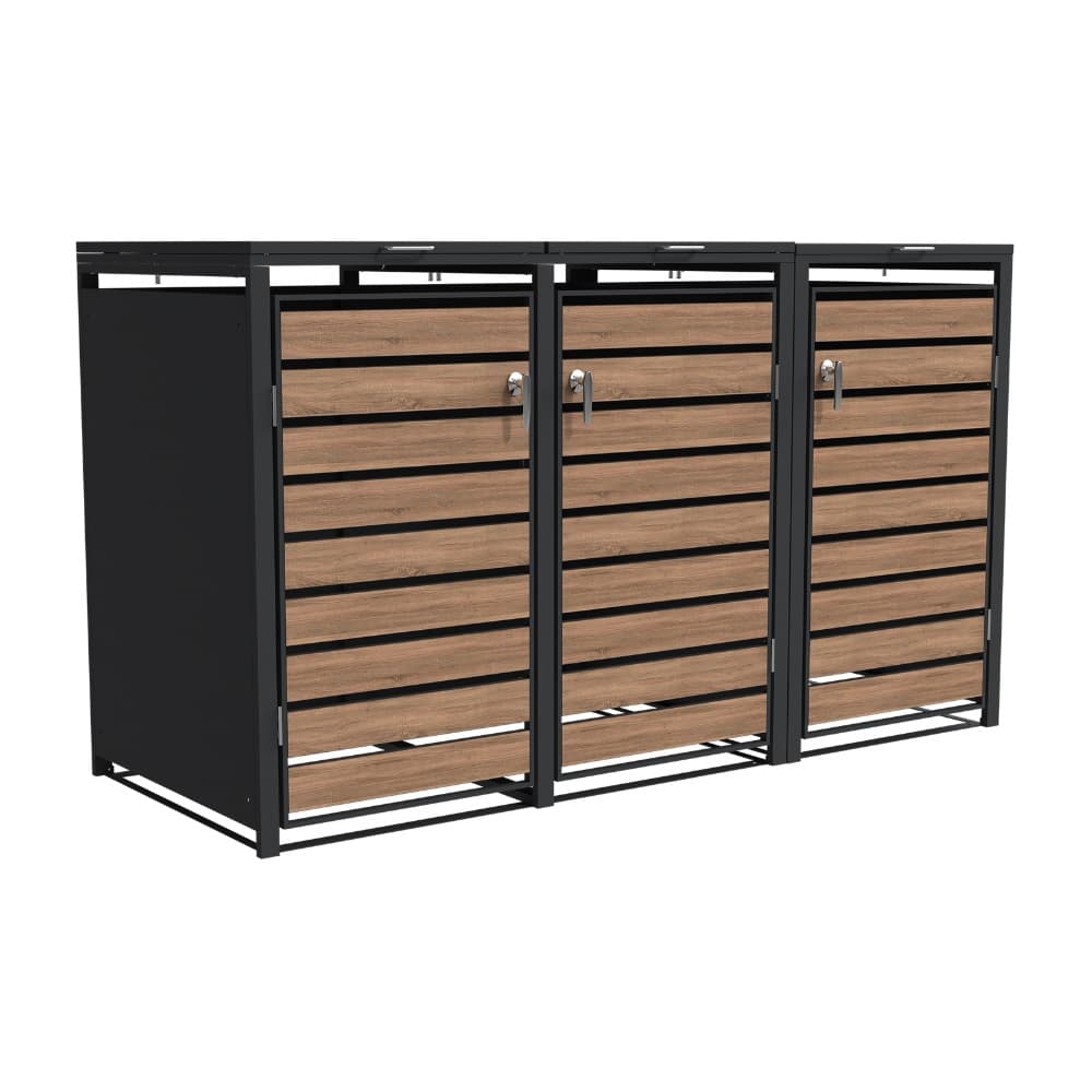 Ecoscape Triple Bin Storage with Lid - Woodgrain & Charcoal