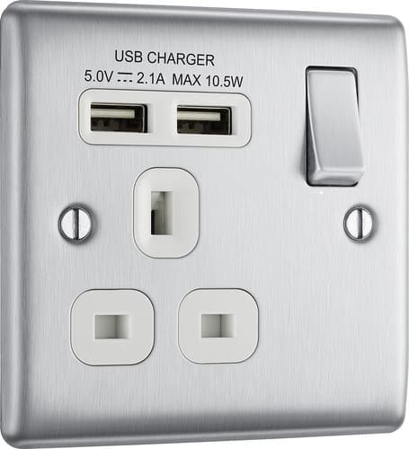 Nexus Metal Brushed Steel Single Switched 13A Power Socket With Usb Charging - 2X Usb Sockets (2.1A) NBS21U2W-01