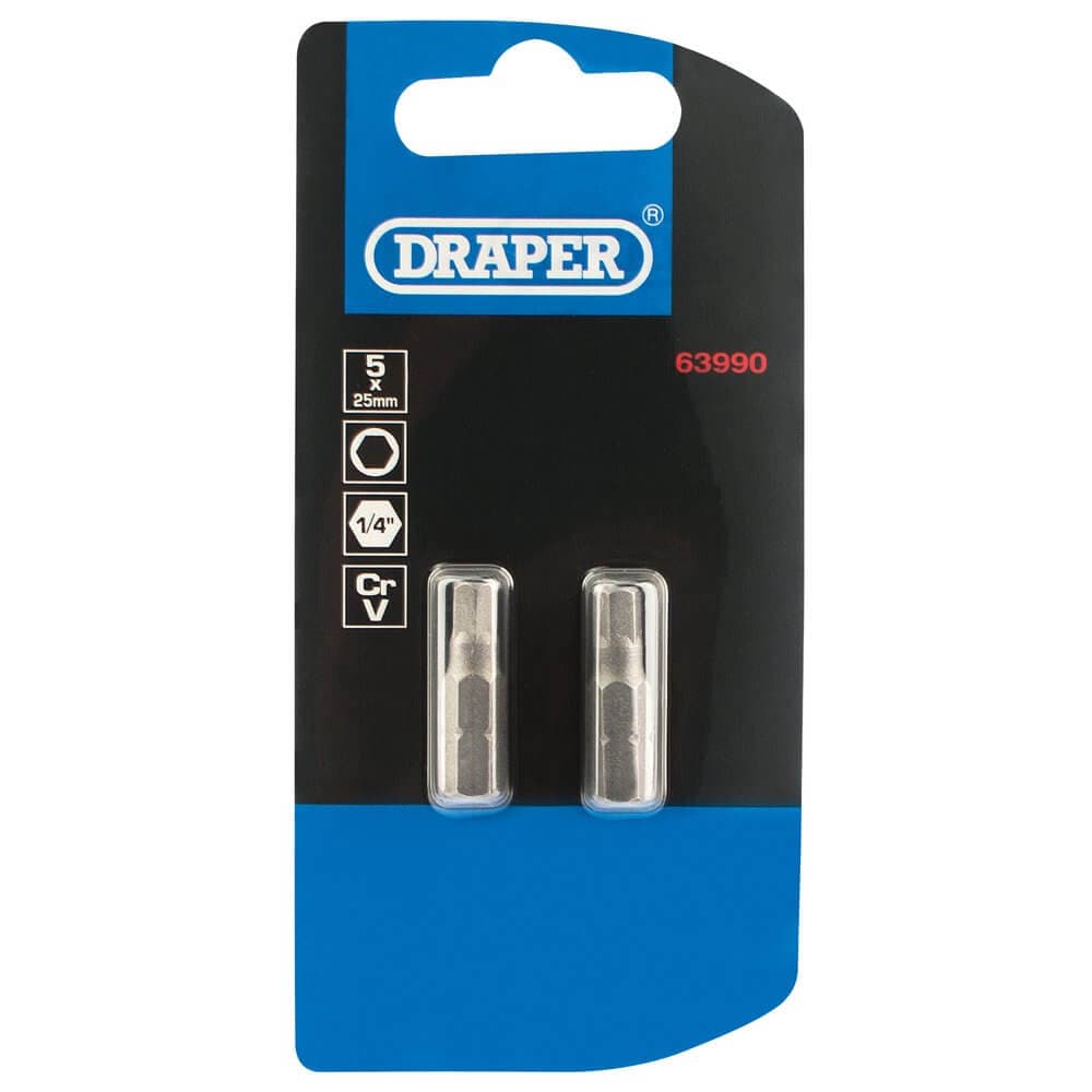 Draper 63990 Hexagonal Insert Bit 5Mm 1/4in Hex 25Mm Long (Pack Of 2) per pack