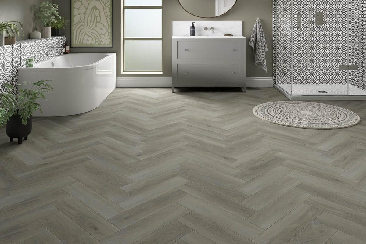 Spectra Luxury Rigid Core Click Vinyl Soft Pebble Grey Herringbone Built-in Underlay