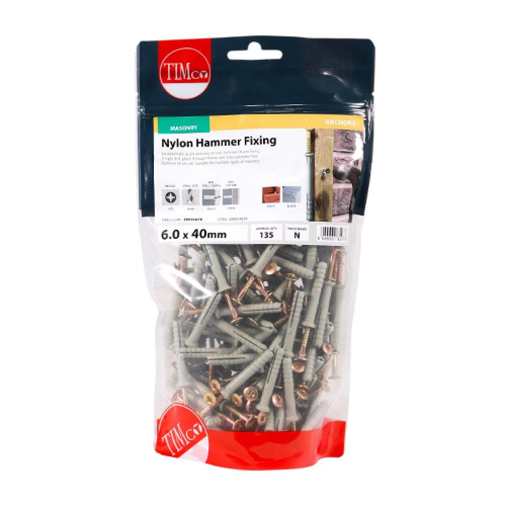Timco 60040HFB Nylon Hammer Fixings - Pz - Zinc 6.0 X 40 TIMbag 135