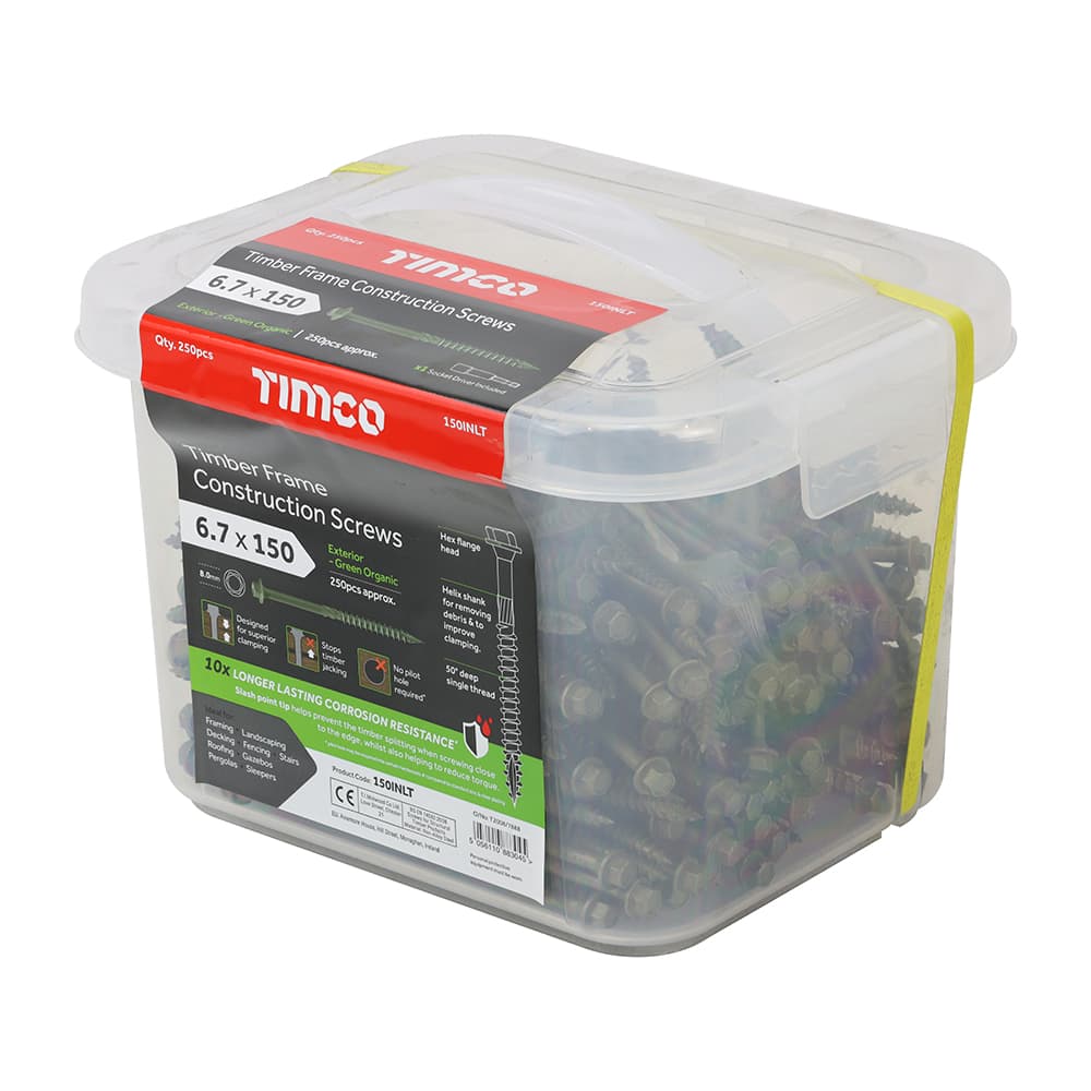 Timco Timber Frame Construction & Landscaping Screws - Hex - Exterior - Green Organic Tub 250 150INLT