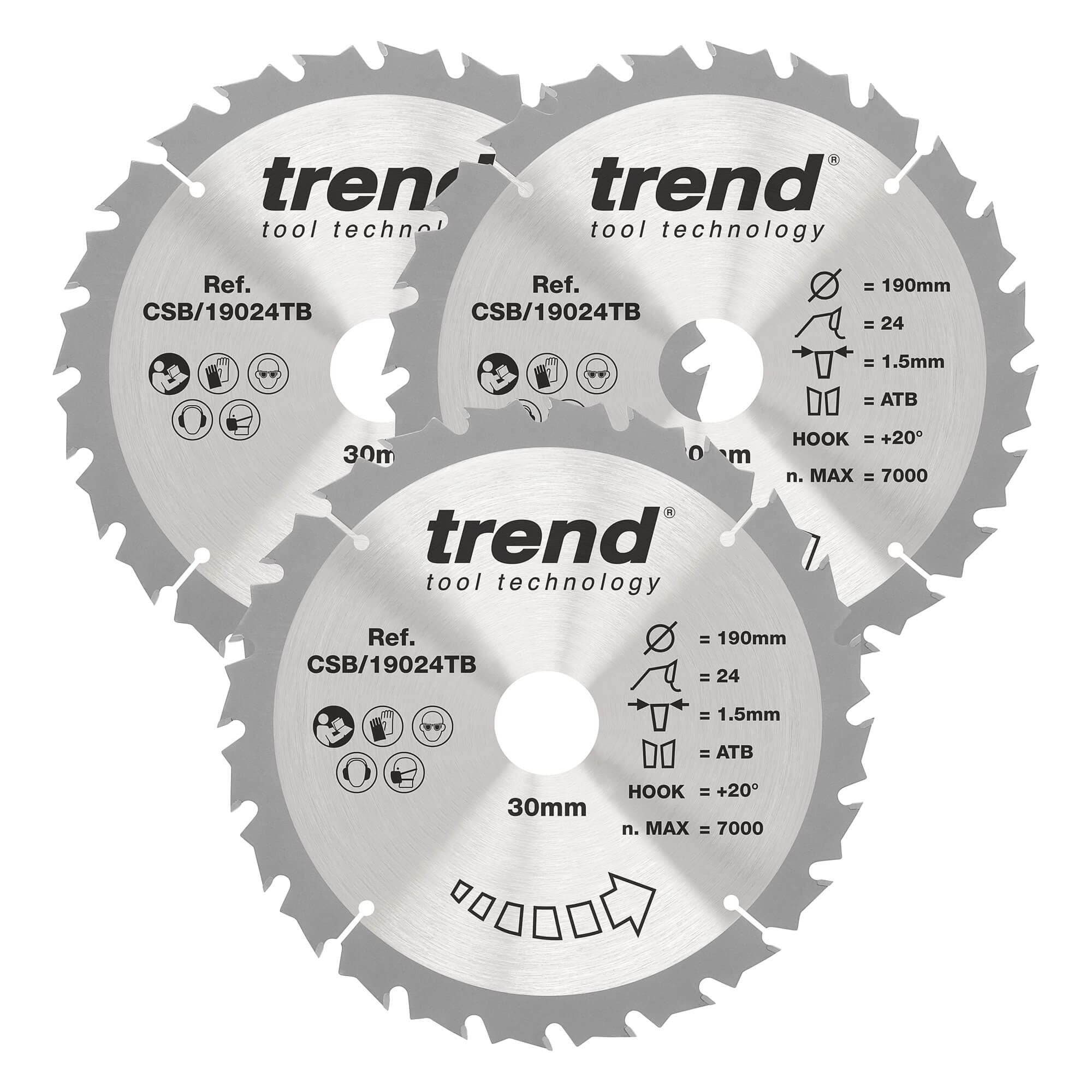 Trend Wood Cordless Circular Saw Blade 190Mm X 30Mm X 24T 3 Pack CSB/190/3PK/A