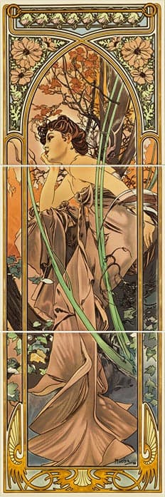 Original Style Artworks Alphonse Mucha Evening Reverie 3-Tile Panel
