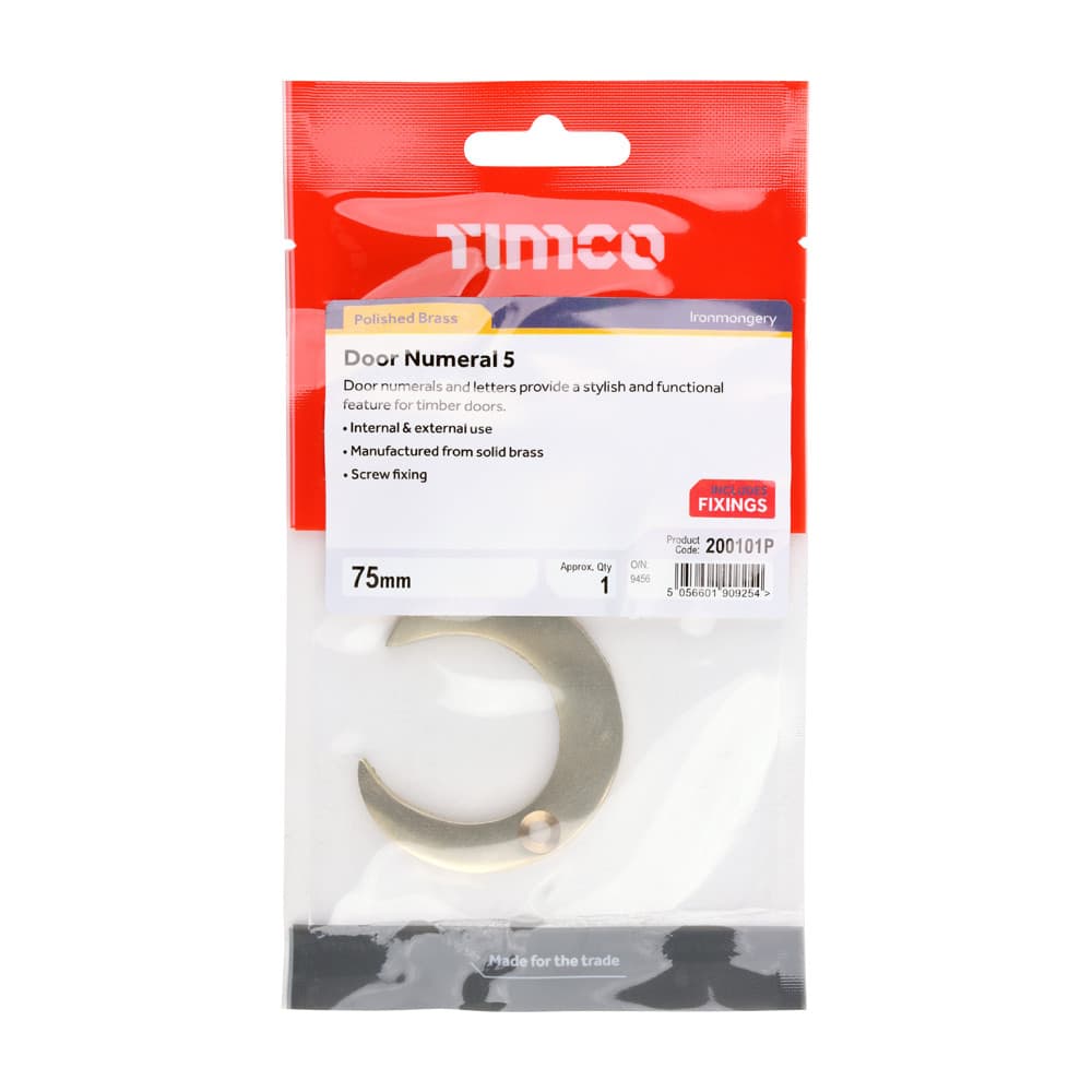 Timco Door Numeral 5 - Polished Brass TIMpac 1 200101P