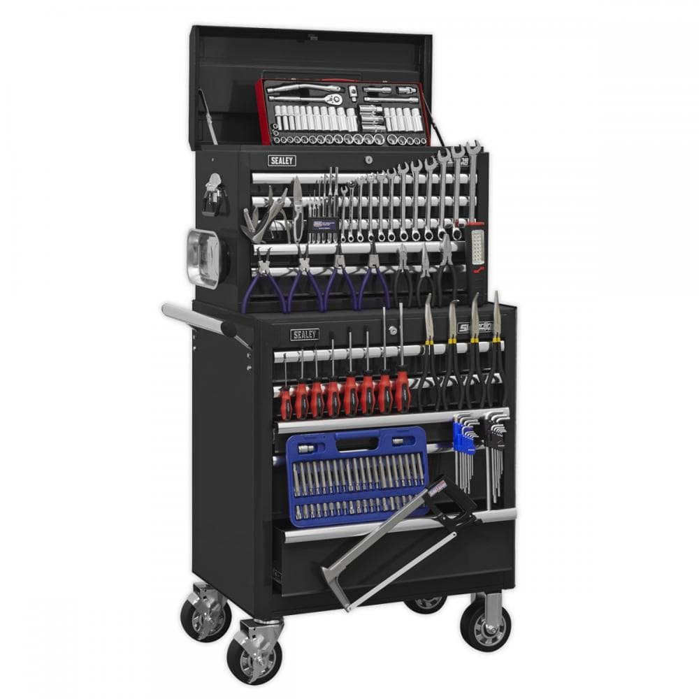 Sealey APCOMBOBBTK56 Topchest & Rollcab Combination 10 Drawer With Ball-Bearing Slides - Black With 148Pc Tool Kit