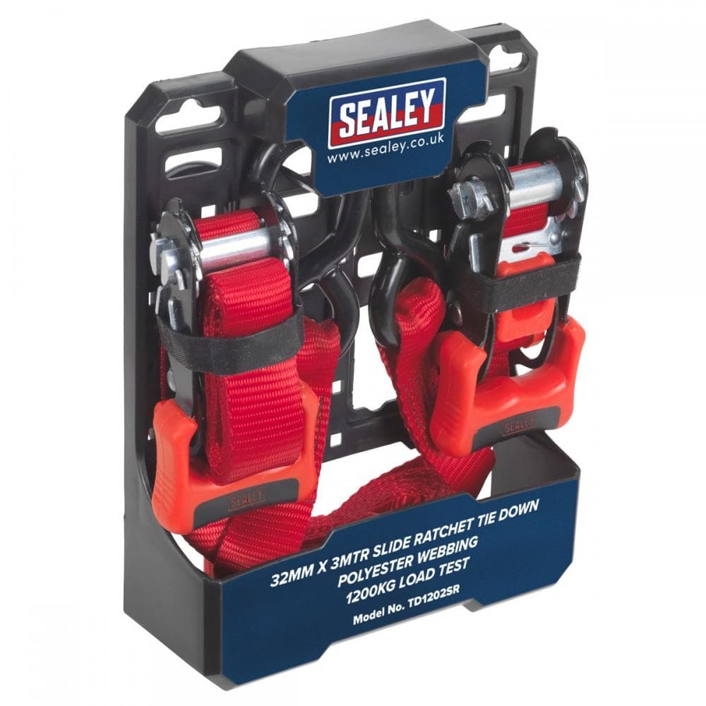 Sealey TD1202SR Slide Ratchet Strap 32Mm X 3M Polyester Webbing With S-Hooks 1200Kg Breaking Strength