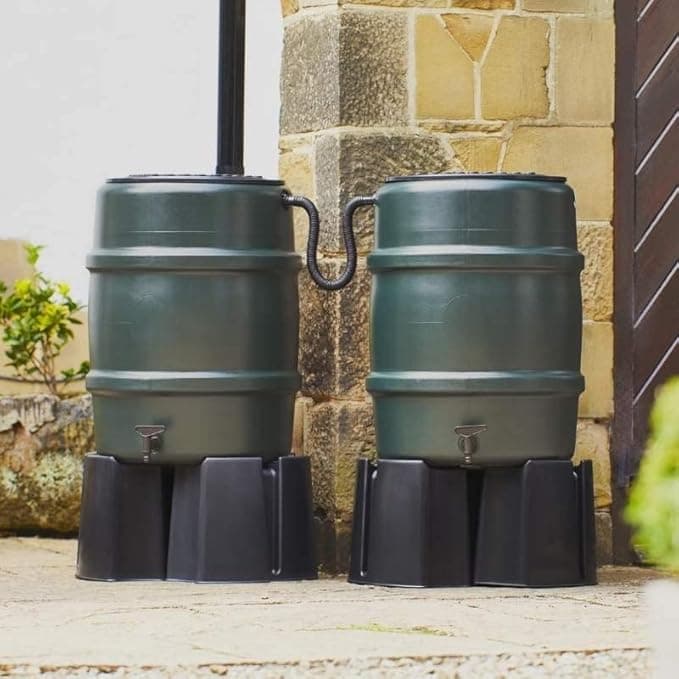 Small Harcostar 114L Water Butt Double Kit – Stand, Diverter & Link Kit – Green, UK Manufactured Recycled Plastic Green Water Butts Direct