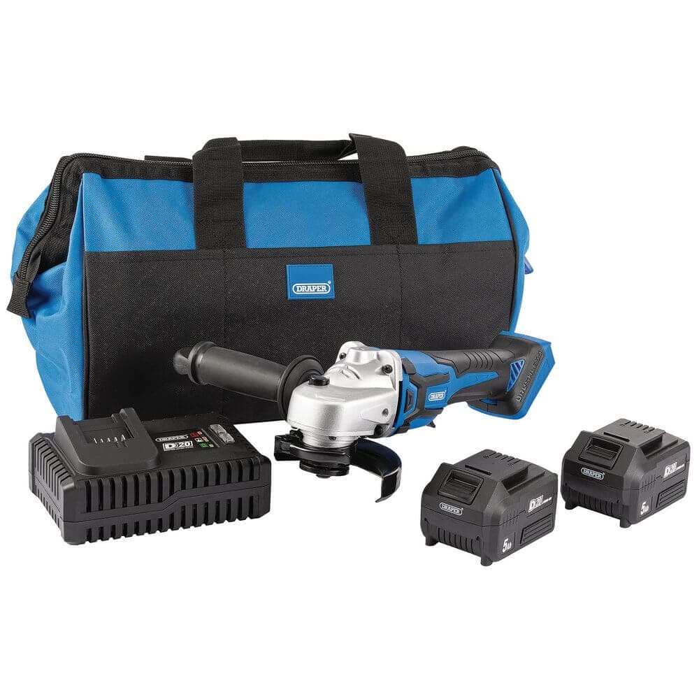 Draper 99730 D20 20V Brushless Angle Grinder 115Mm 2 X 5.0Ah Batteries 1 X Fast Charger 1 X Bag each