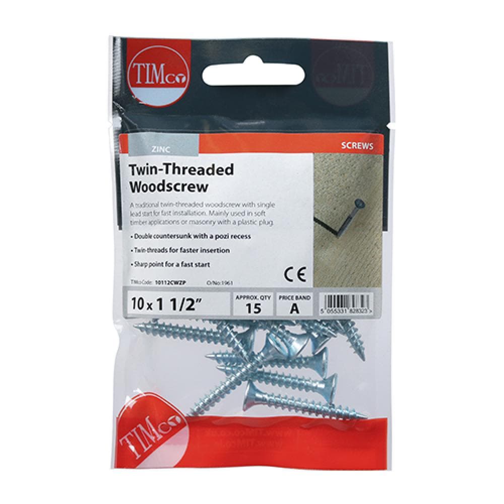 Timco 10112CWZP Twin-Thread Woodscrews - Pz - Double Countersunk - Zinc 10 X 1 1/2 TIMpac 15
