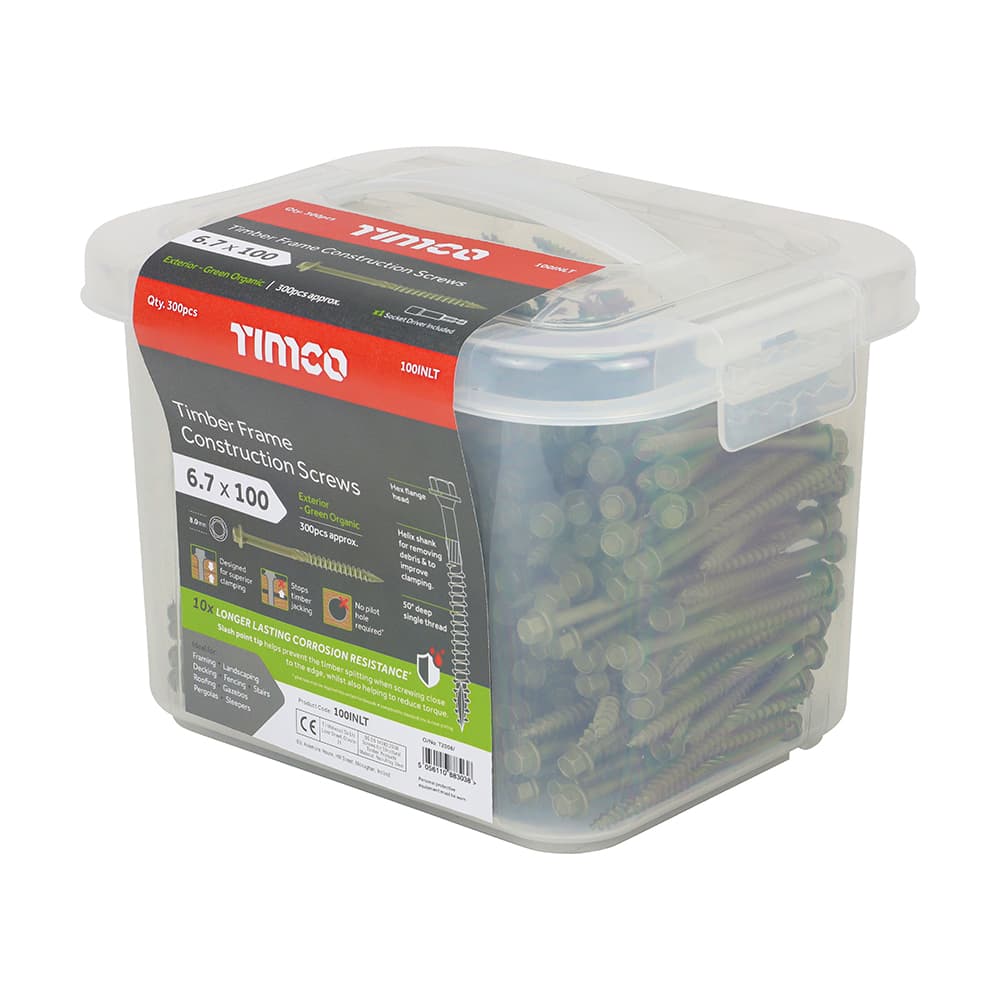 Timco Timber Frame Construction & Landscaping Screws - Hex - Exterior - Green Organic Tub 300 100INLT