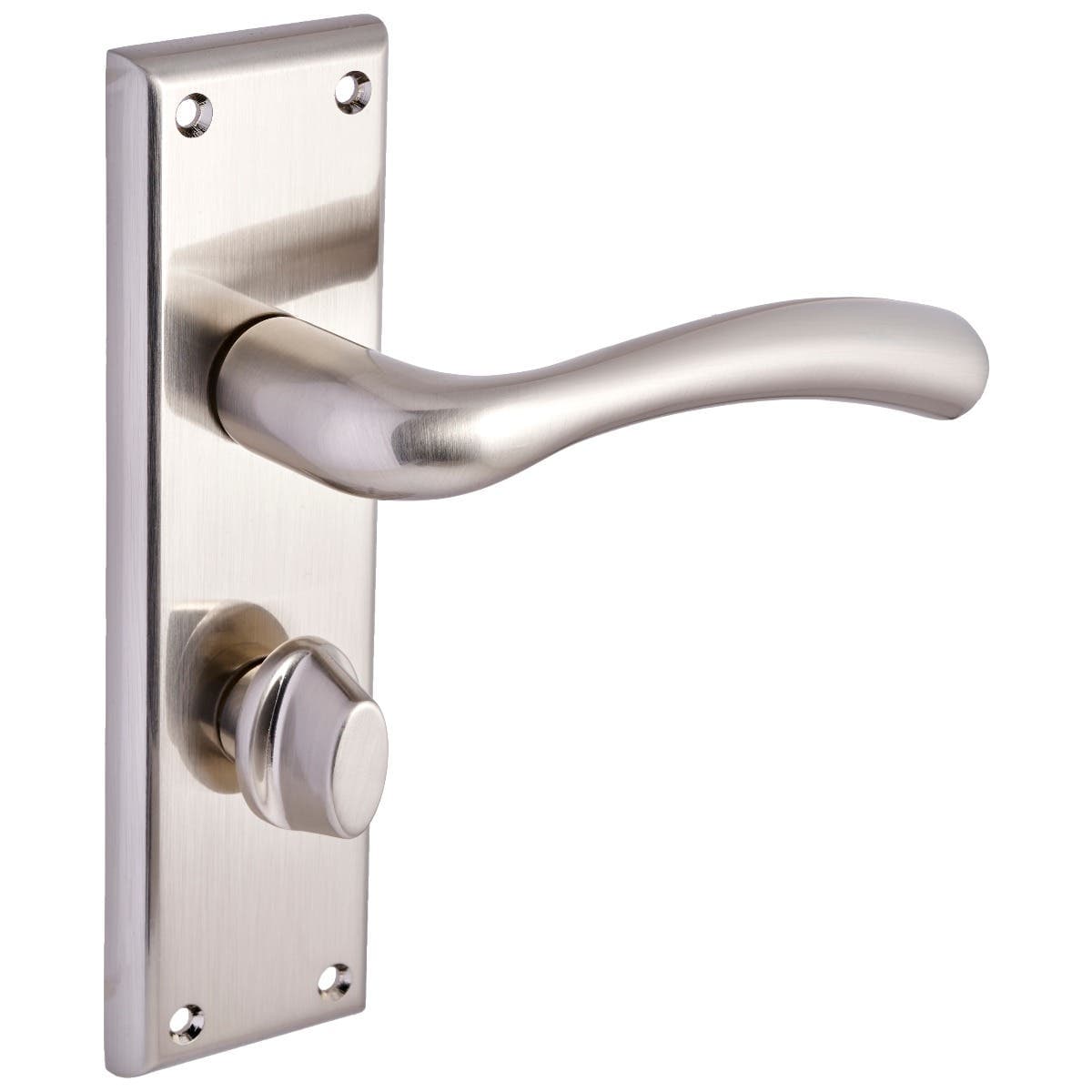 Minerva Curved Lever Thumb Lock Bathroom Door Handle - Brushed Satin Nickel - Pair - Designer Levers