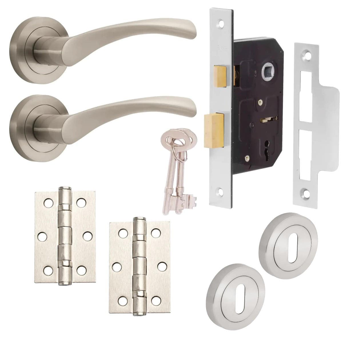 Marvel Lever on Rose Complete Lock Door Pack - Brushed Nickel - 3 Lever Sash Lock/Hinges - Designer Levers