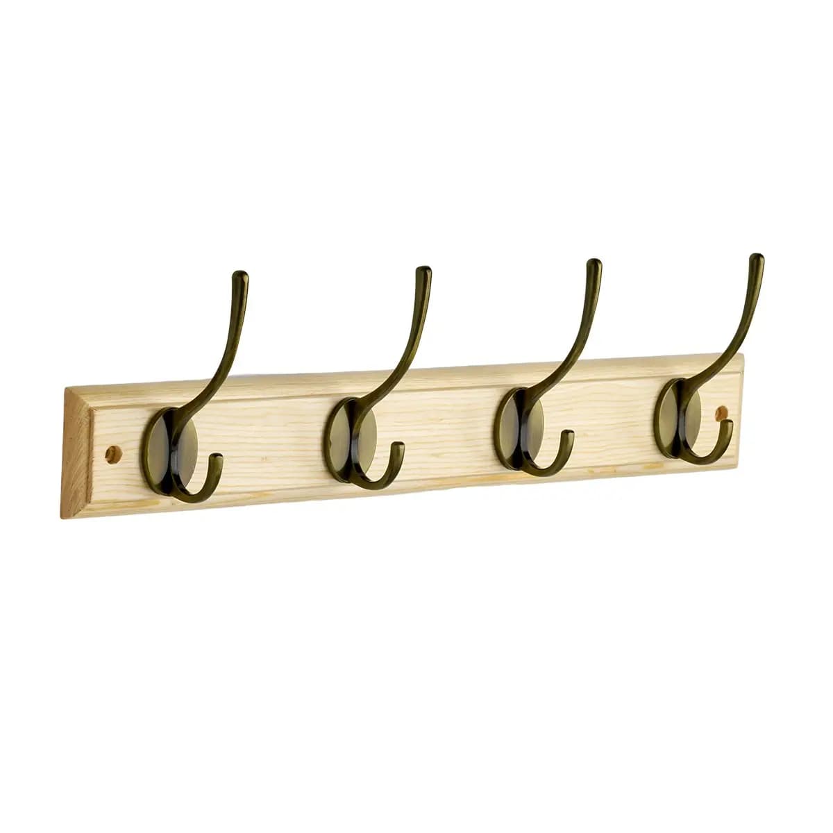 4 Antique Brass Clothing Hooks on Light Oak MDF Hook Board - Decorails