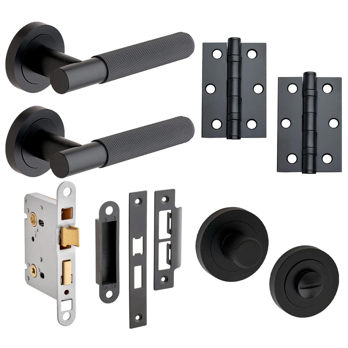 Marylebone Knurled Lever On Rose Bathroom Door Pack - Matte Black - Handle/Hinges/Sashlock/Thumbturn set - Designer Levers