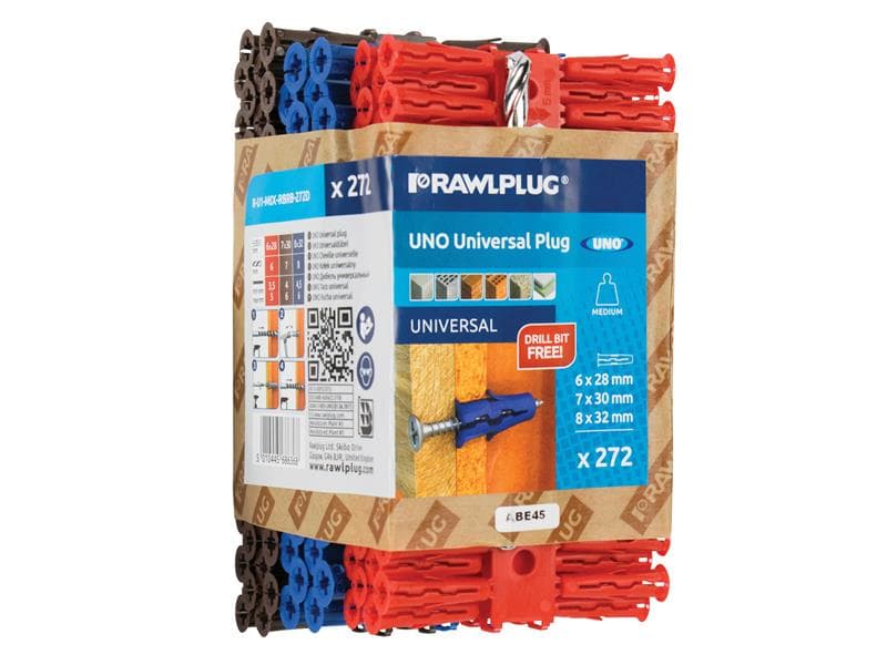 Rawlplug R-U1-MIX-RBRB-272D Mixed Uno® Plugs (Pack 272) + Drill Bit