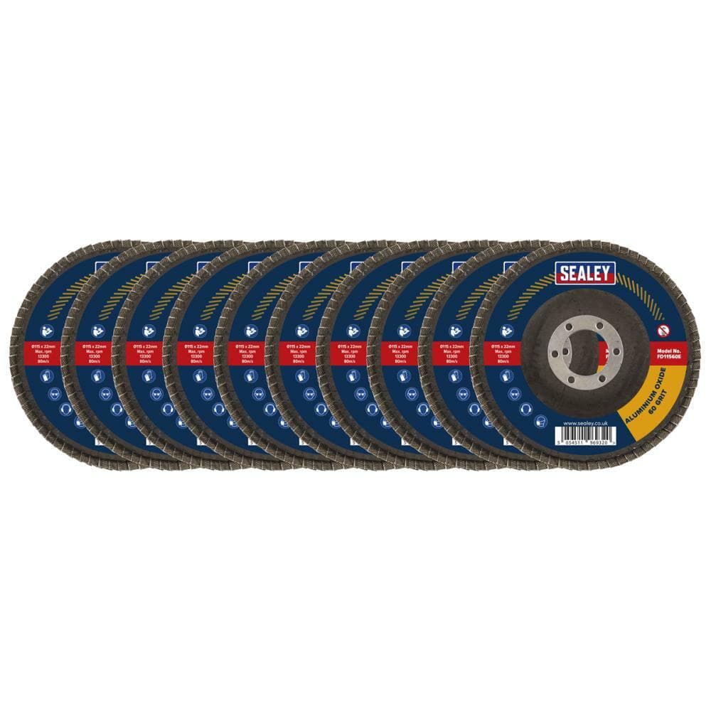Sealey FD115EMIX Assorted Grit Flap Discs Aluminium Oxide Ø115Mm Ø22Mm Bore - Pack Of 10