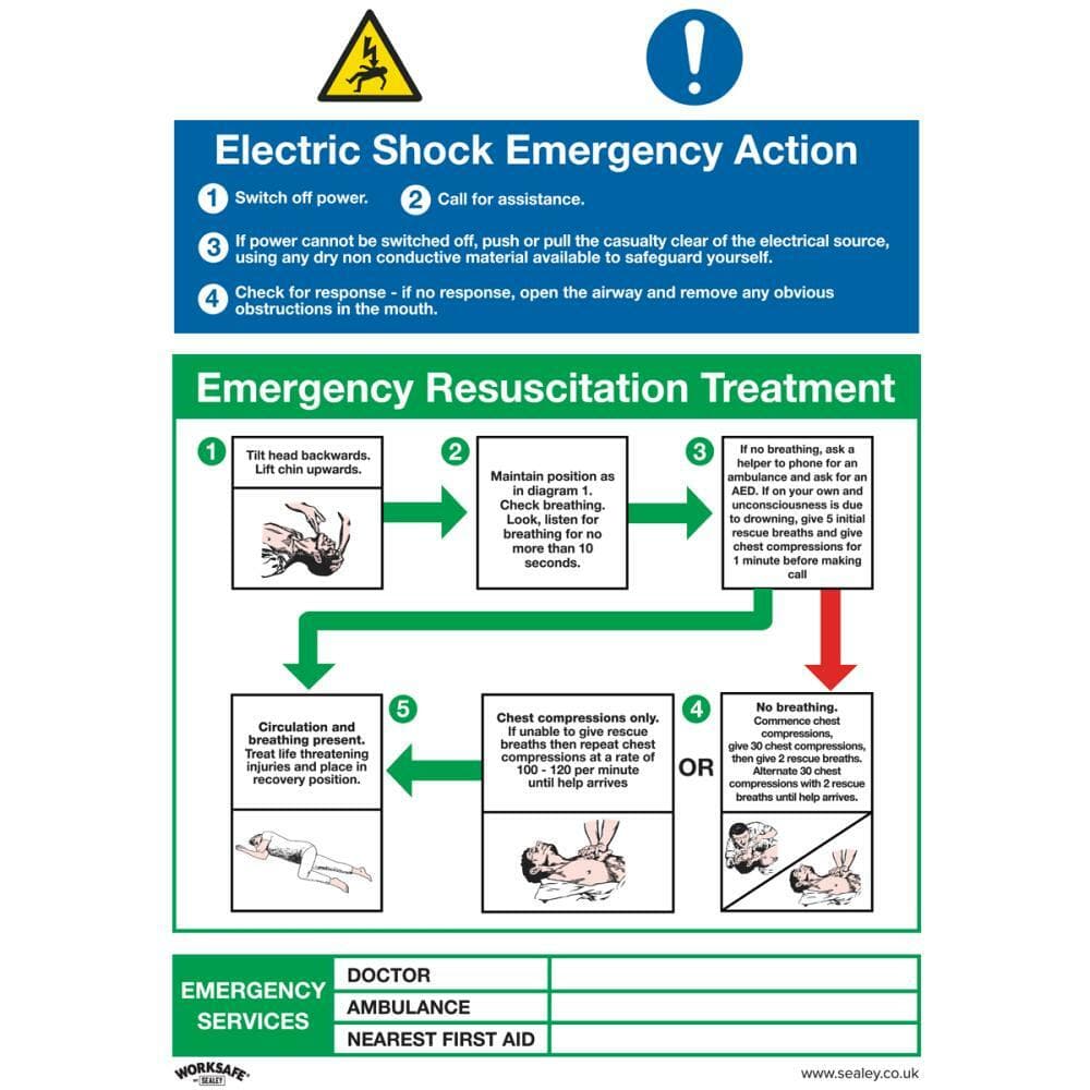 Sealey SS33P1 Safe Conditions Safety Sign - Electric Shock Emergency Action - Rigid Plastic