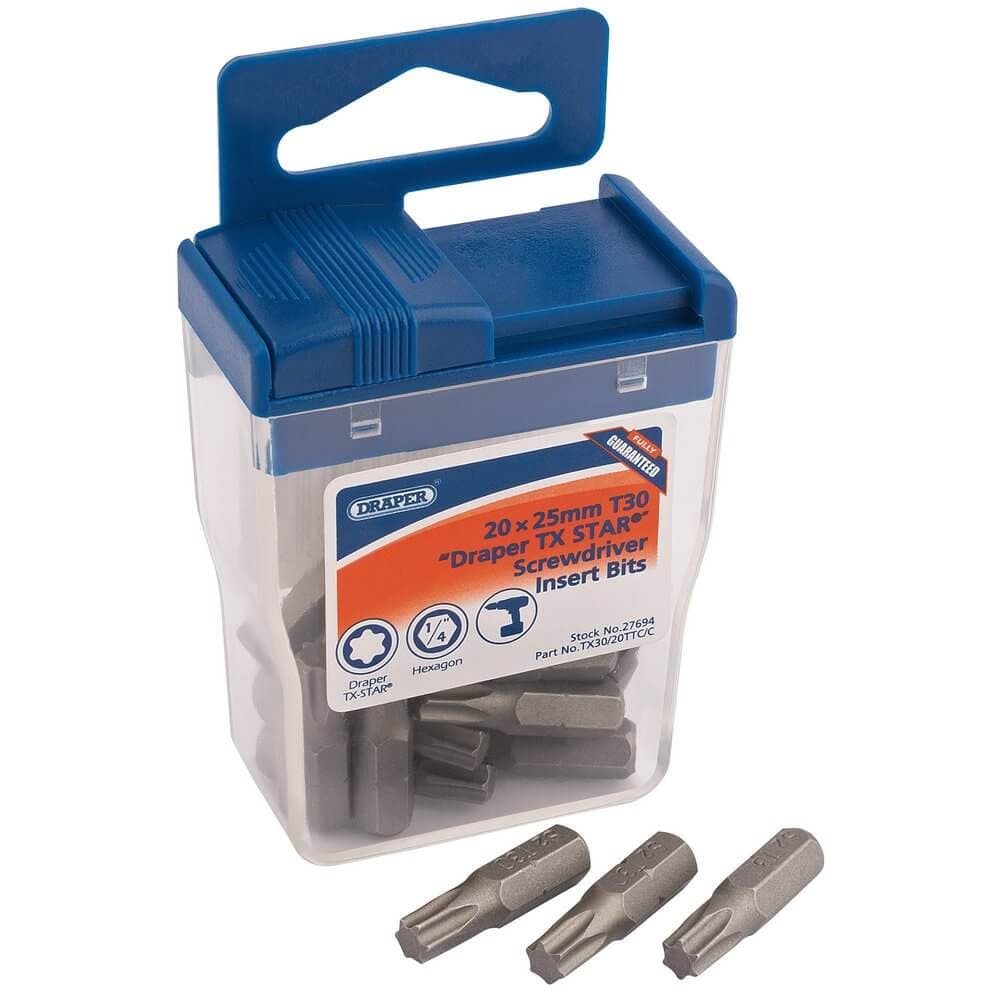 Draper 27694 Tx-Star® Long Insert Bits In Plastic Storage Case T30 X 25Mm (Pack Of 20) per case