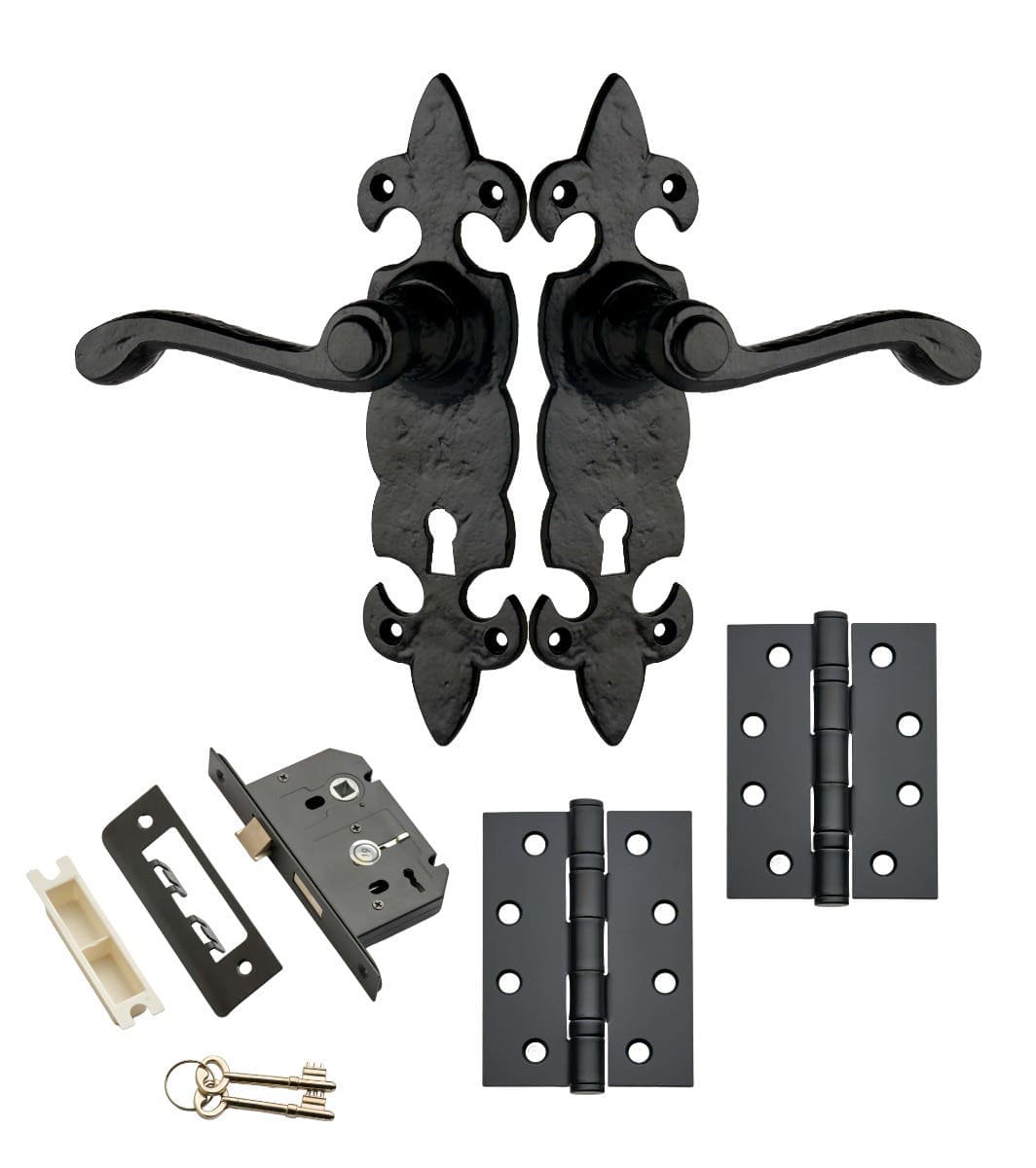 Gothic Fleur-De-Lis Door Handle - Sashlock/Hinges/Handle - Matte Black - Designer Levers