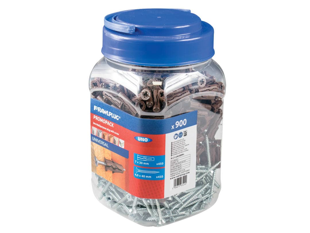 Rawlplug Brown UNO® Plugs & Screws in Jar (450 Plugs + 450 Screws) R-C1-UNOBRN+