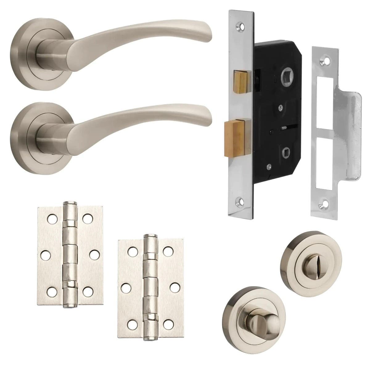 Marvel Lever on Rose Complete Bathroom Door Pack - Brushed Nickel - Thumb Turn Lock/Hinges - Designer Levers