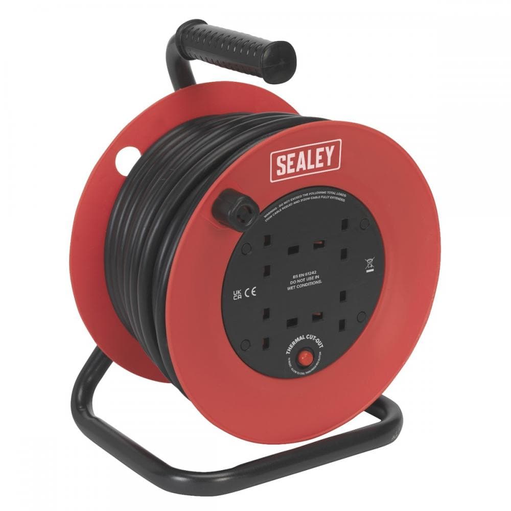 Sealey CR22525 Cable Reel 25M 4 X 230V 2.5Mm² Heavy-Duty Thermal Trip